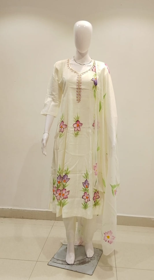 White hand-painted butterfly floral suit set original
