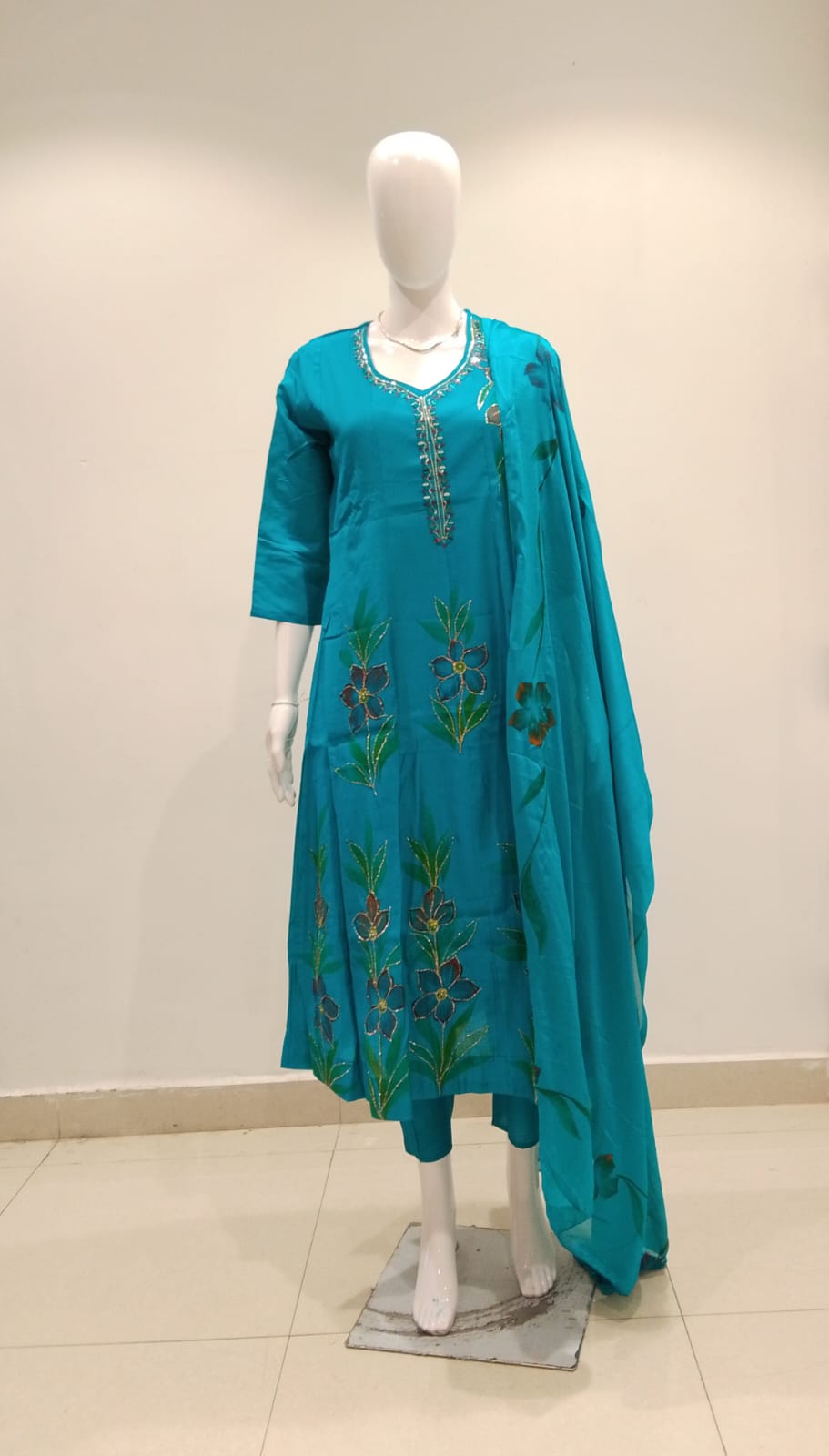 Hand-painted floral kurta set, teal