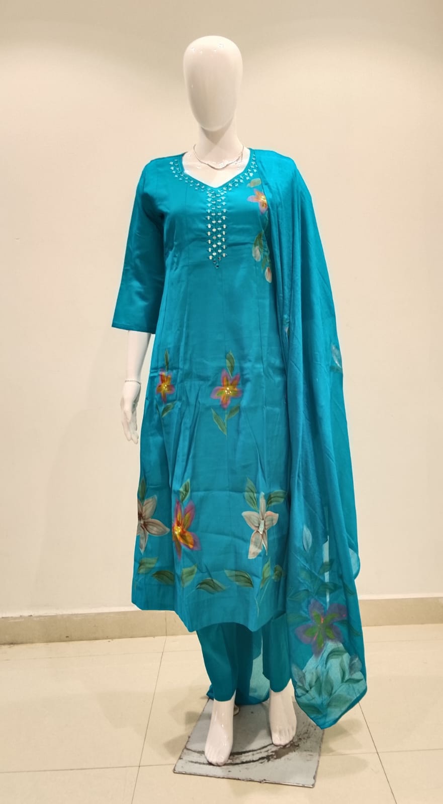 Hand-painted floral kurta set, turquoise multicolor