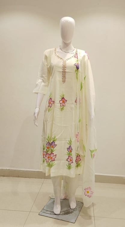 White hand-painted butterfly floral suit set original